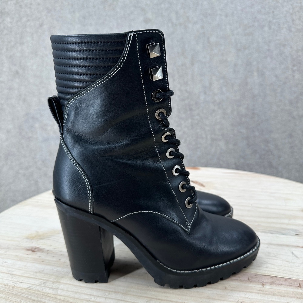Michael Kors Bastisan Combat Boots 6.5 Black Leather Studded Lace Block Heel Lug - Picture 7 of 16